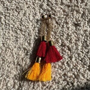 Gold Chain Tassel Drop Earrings with Red & Yellow Tassels
